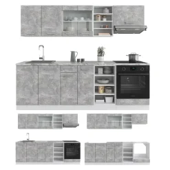 Vicco Küchenzeile R-Line, Küchenblock, Beton/Weiß, 240 cm ohne Arbeitsplatte