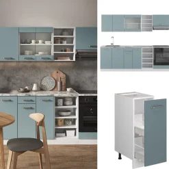 Vicco Küchenzeile R-Line, Küchenblock, Blau-Grau/Weiß, 240 cm, AP Marmor