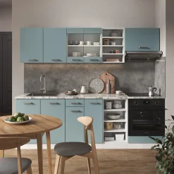 Vicco Küchenzeile R-Line, Küchenblock, Blau-Grau/Weiß, 240 cm, AP Marmor