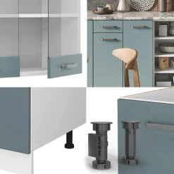 Vicco Küchenzeile R-Line, Küchenblock, Blau-Grau/Weiß, 240 cm, AP Marmor