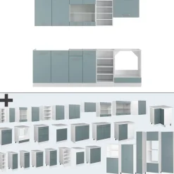 Vicco Küchenzeile R-Line, Küchenblock, Blau-Grau/Weiß, 240 cm, AP Marmor