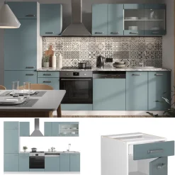 Vicco Küchenzeile R-Line, Küchenblock, Blau-Grau/Weiß, 300 cm ohne Arbeitsplatte