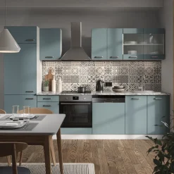 Vicco Küchenzeile R-Line, Küchenblock, Blau-Grau/Weiß, 300 cm, AP Marmor