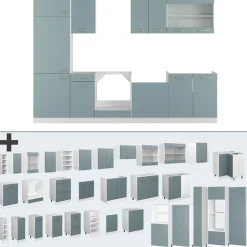 Vicco Küchenzeile R-Line, Küchenblock, Blau-Grau/Weiß, 300 cm, AP Marmor