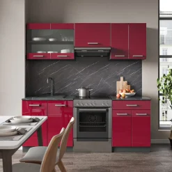 Vicco Küchenzeile "R-Line", Rot Hochglanz/Anthrazit, 200 cm ohne Arbeitsplatte