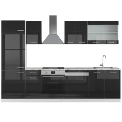 Vicco Küchenzeile "R-Line", Schwarz Hochglanz/Weiß, 300 cm ohne Arbeitsplatte