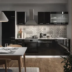 Vicco Küchenzeile "R-Line", Schwarz Hochglanz/Weiß, 300 cm ohne Arbeitsplatte