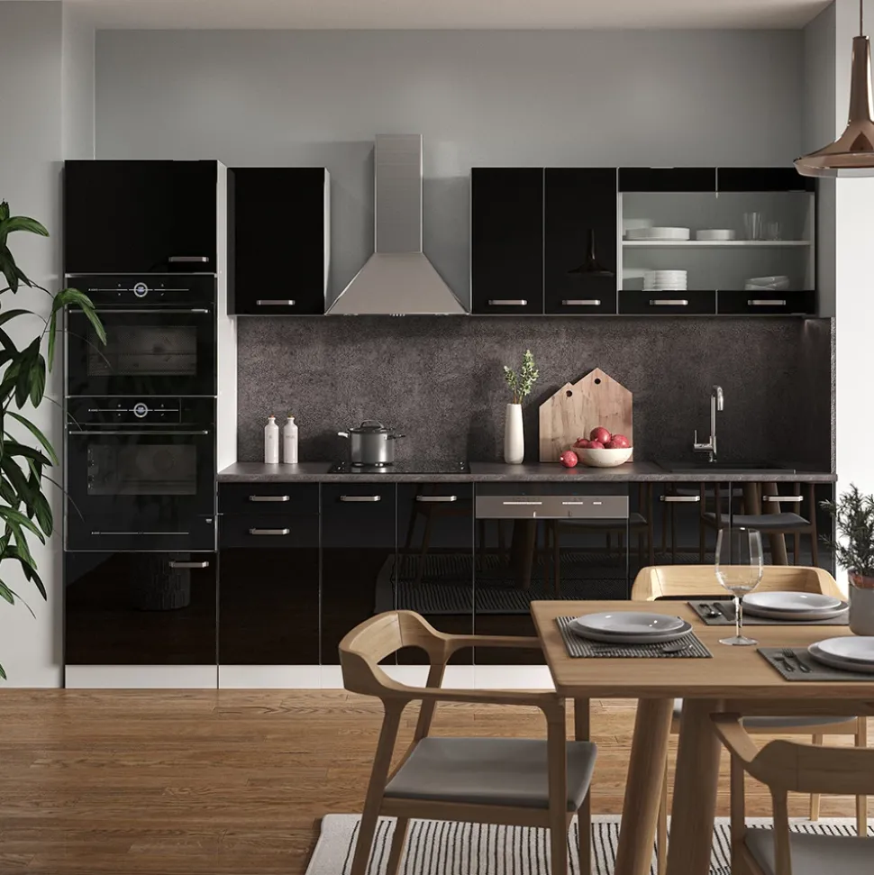 Vicco Küchenzeile "R-Line", Schwarz Hochglanz/Weiß, 300 cm mit Hochschrank, AP Marmor