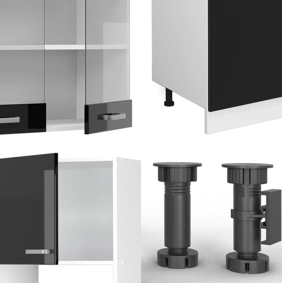 Vicco Küchenzeile "R-Line", Schwarz Hochglanz/Weiß, 300 cm mit Hochschrank, AP Marmor