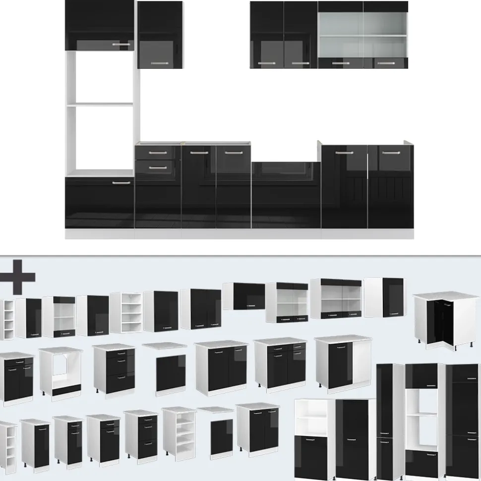Vicco Küchenzeile "R-Line", Schwarz Hochglanz/Weiß, 300 cm mit Hochschrank, AP Marmor