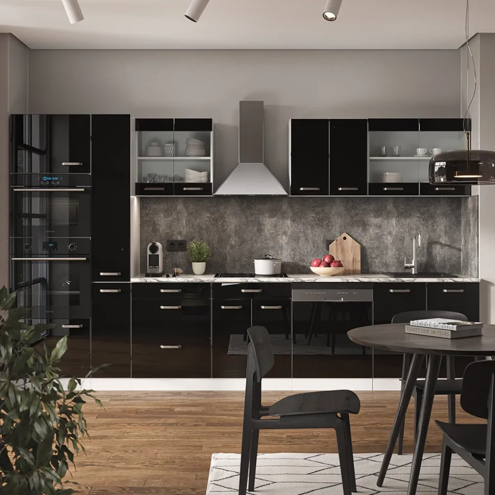 Vicco Küchenzeile "R-Line", Schwarz Hochglanz/Weiß, 350 cm mit Hochschrank, ohne Arbeitsplatte