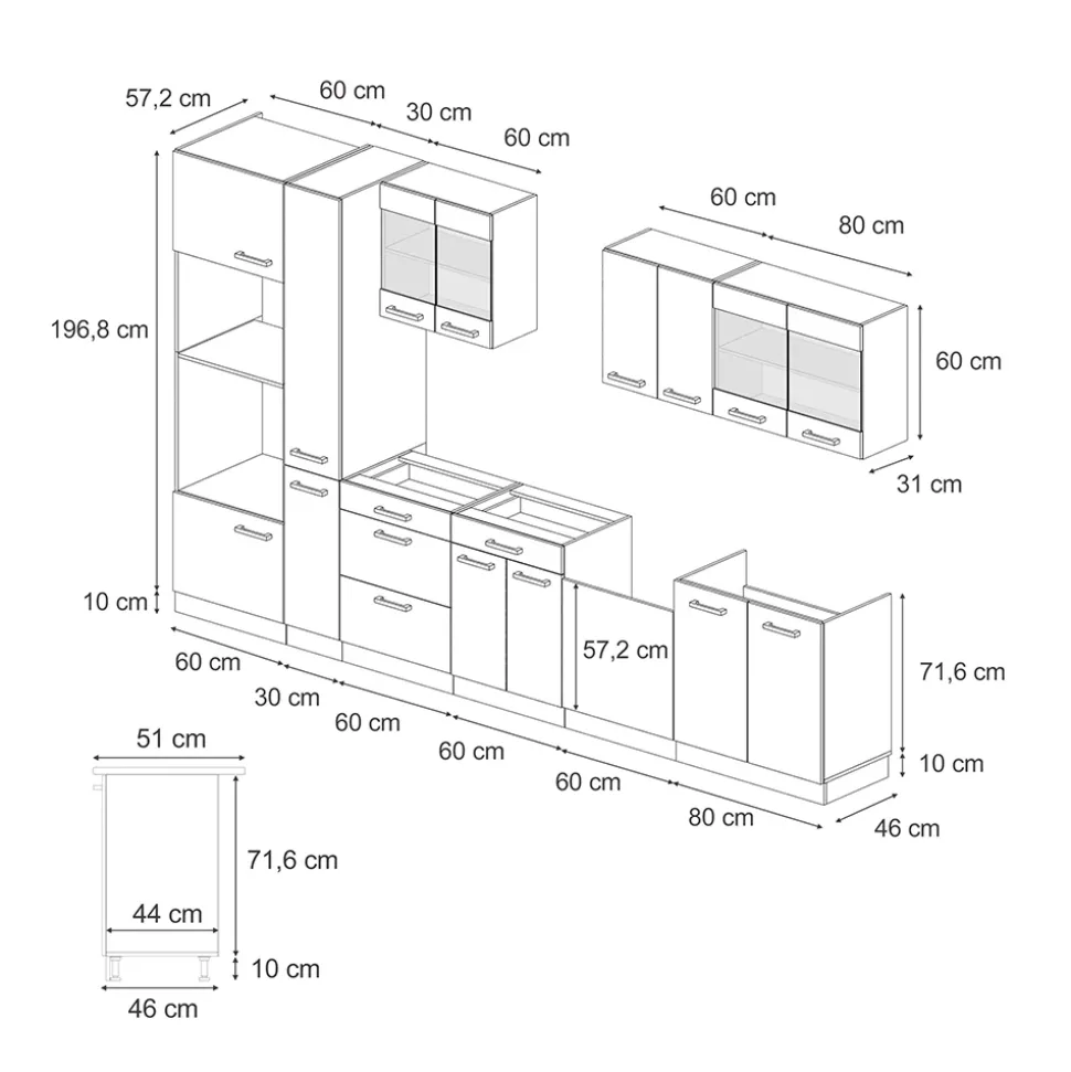 Vicco Küchenzeile "R-Line", Schwarz Hochglanz/Weiß, 350 cm mit Hochschrank, ohne Arbeitsplatte