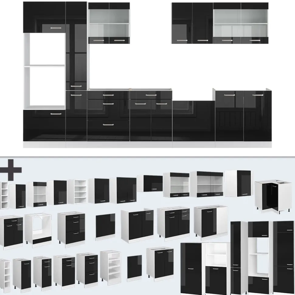 Vicco Küchenzeile "R-Line", Schwarz Hochglanz/Weiß, 350 cm mit Hochschrank, ohne Arbeitsplatte