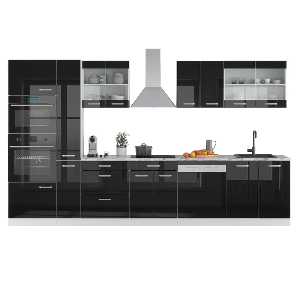 Vicco Küchenzeile "R-Line", Schwarz Hochglanz/Weiß, 350 cm mit Hochschrank, ohne Arbeitsplatte
