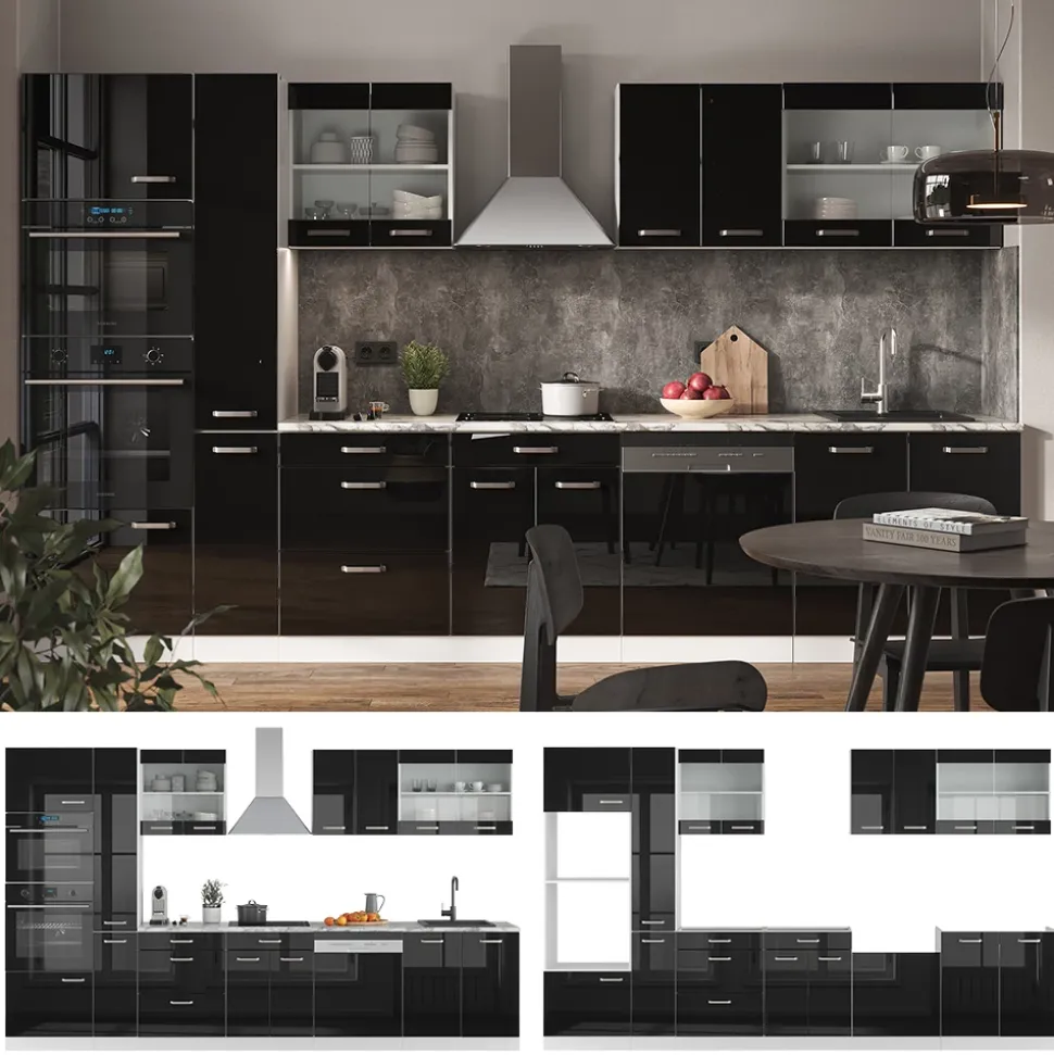Vicco Küchenzeile "R-Line", Schwarz Hochglanz/Weiß, 350 cm mit Hochschrank, ohne Arbeitsplatte