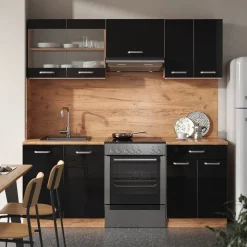 Vicco Küchenzeile "R-Line", Schwarz Hochglanz/Goldkraft Eiche, 200 cm ohne Arbeitsplatte