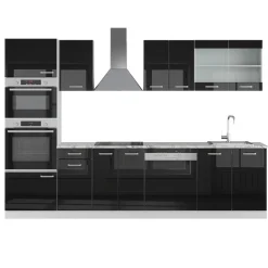 Vicco Küchenzeile "R-Line", Schwarz Hochglanz/Weiß, 300 cm mit Hochschrank, ohne Arbeitsplatte