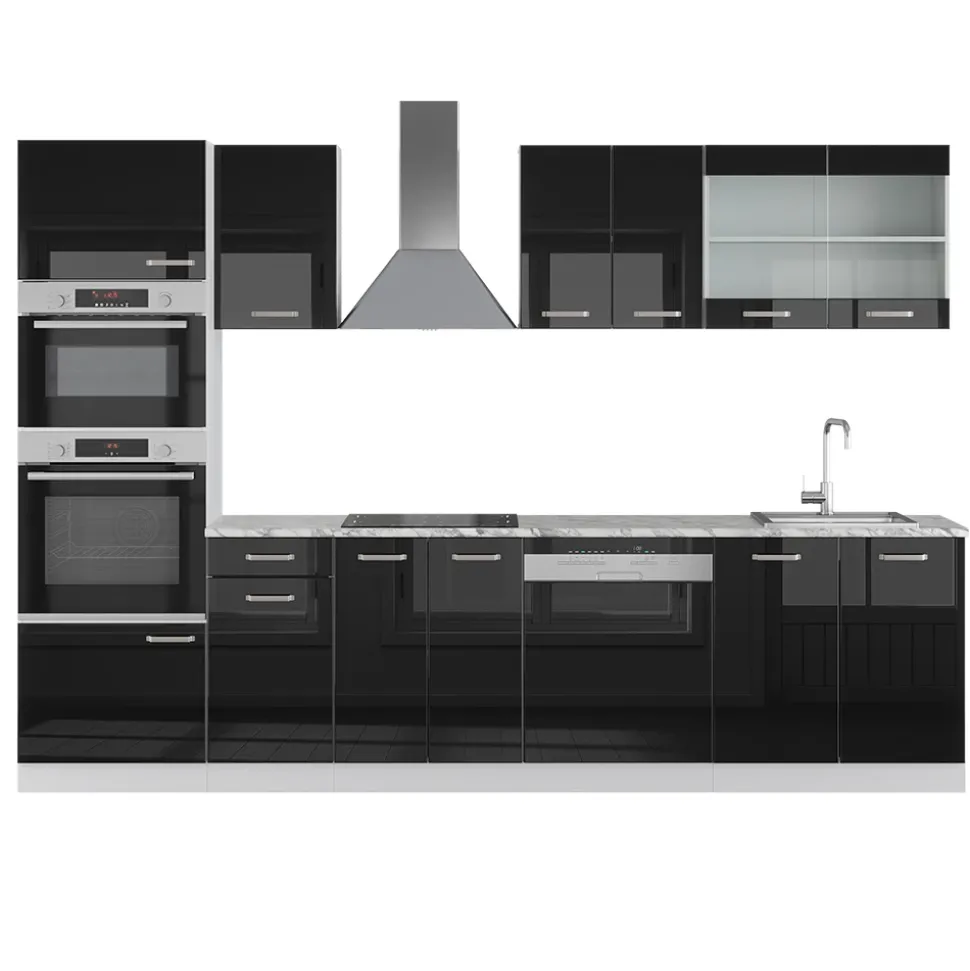 Vicco Küchenzeile "R-Line", Schwarz Hochglanz/Weiß, 300 cm mit Hochschrank, ohne Arbeitsplatte