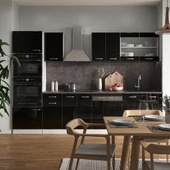 Vicco Küchenzeile "R-Line", Schwarz Hochglanz/Weiß, 300 cm mit Hochschrank, ohne Arbeitsplatte