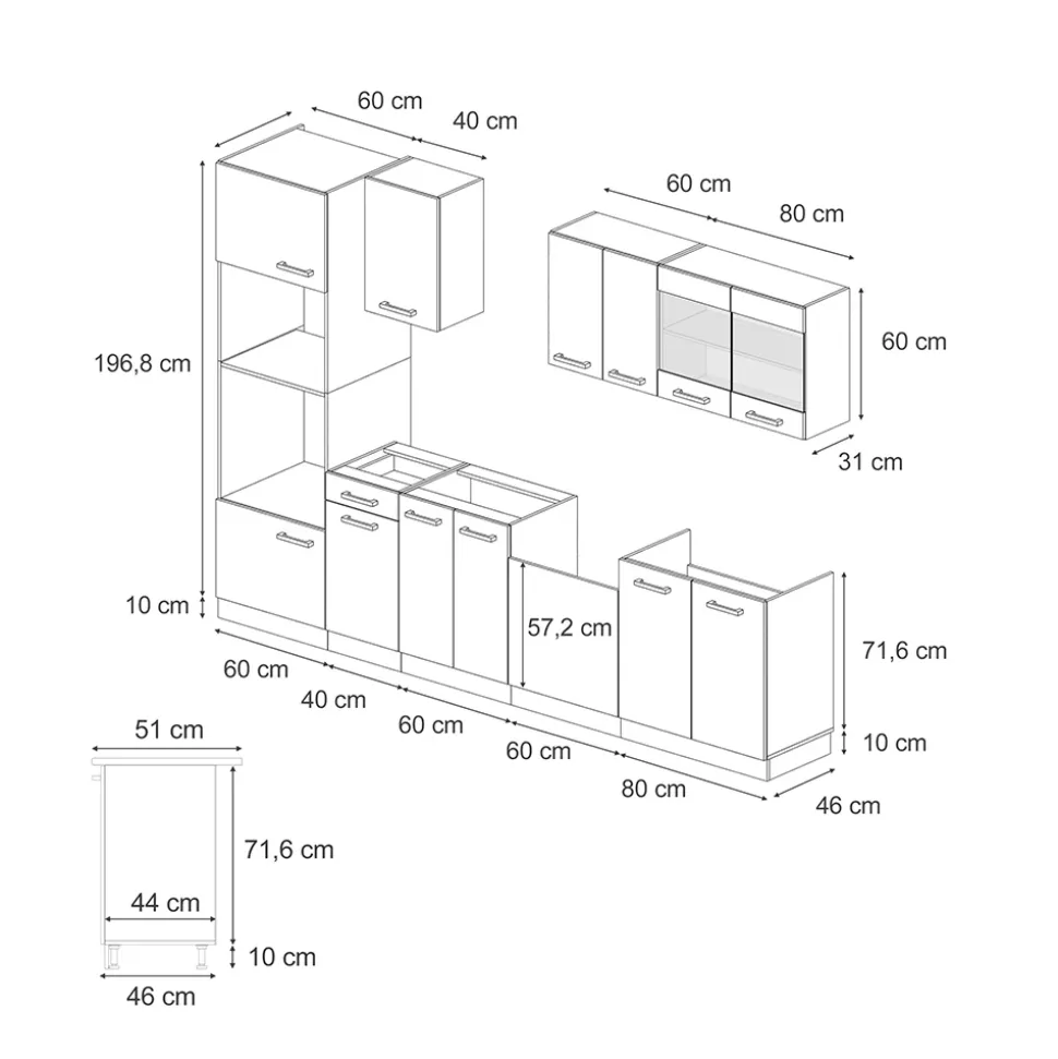 Vicco Küchenzeile "R-Line", Schwarz Hochglanz/Weiß, 300 cm mit Hochschrank, ohne Arbeitsplatte