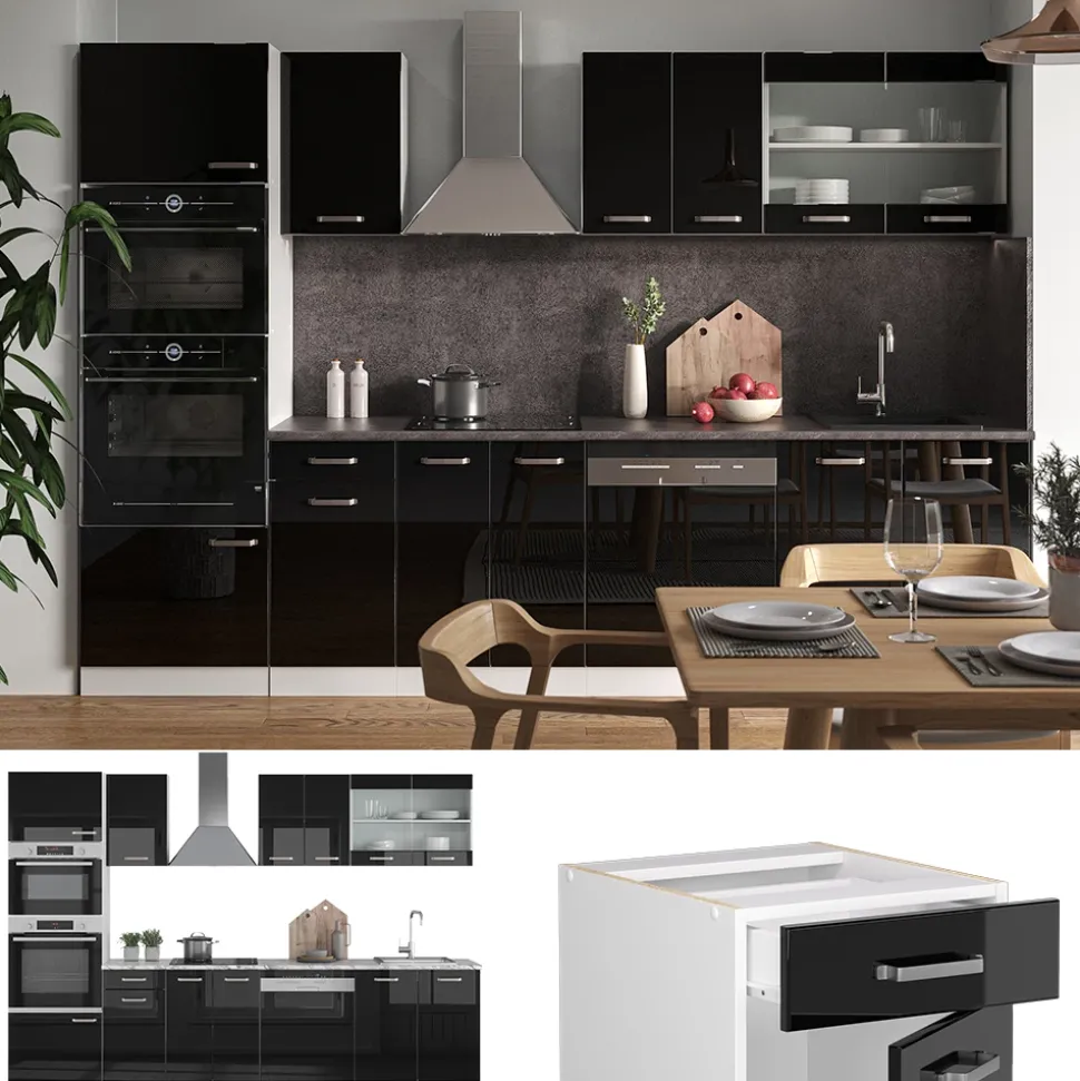 Vicco Küchenzeile "R-Line", Schwarz Hochglanz/Weiß, 300 cm mit Hochschrank, ohne Arbeitsplatte