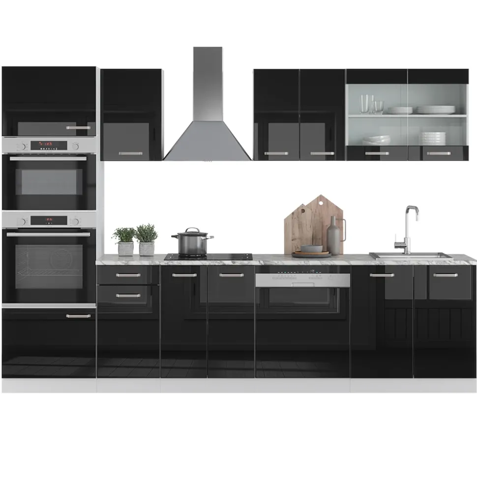 Vicco Küchenzeile "R-Line", Schwarz Hochglanz/Weiß, 300 cm mit Hochschrank, ohne Arbeitsplatte