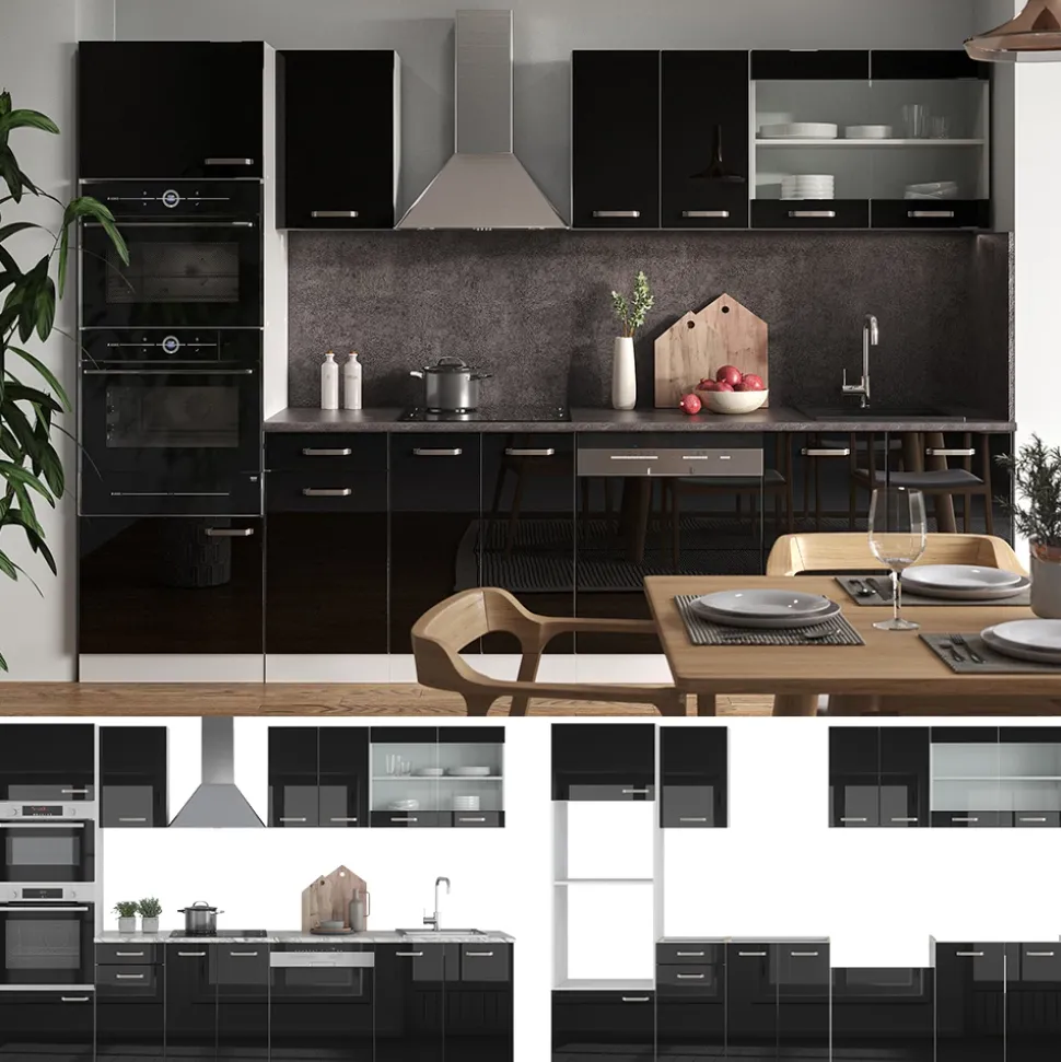 Vicco Küchenzeile "R-Line", Schwarz Hochglanz/Weiß, 300 cm mit Hochschrank, ohne Arbeitsplatte