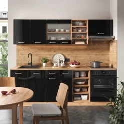 Vicco Küchenzeile "R-Line", Schwarz Hochglanz/Goldkraft Eiche, 240 cm ohne Arbeitsplatte