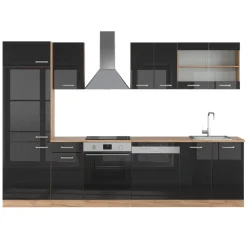 Vicco Küchenzeile "R-Line", Schwarz Hochglanz/Goldkraft Eiche, 300 cm ohne Arbeitsplatte