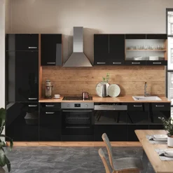 Vicco Küchenzeile "R-Line", Schwarz Hochglanz/Goldkraft Eiche, 300 cm ohne Arbeitsplatte