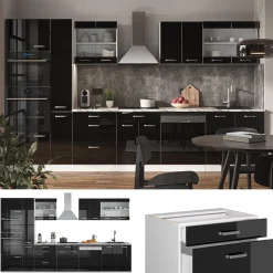 Vicco Küchenzeile "R-Line", Schwarz Hochglanz/Weiß, 350 cm mit Hochschrank, AP Marmor