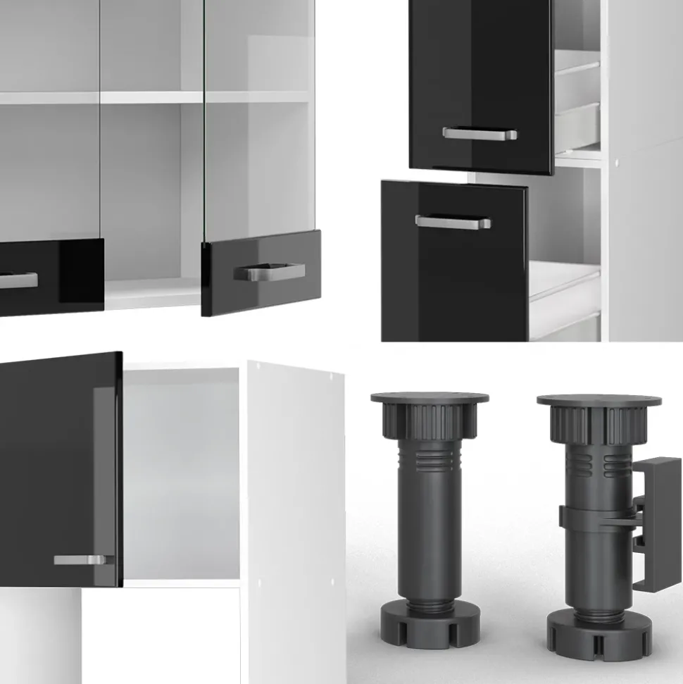 Vicco Küchenzeile "R-Line", Schwarz Hochglanz/Weiß, 350 cm mit Hochschrank, AP Marmor