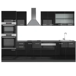 Vicco Küchenzeile "R-Line", Schwarz Hochglanz/Anthrazit, 300 cm mit Hochschrank, ohne Arbeitsplatte