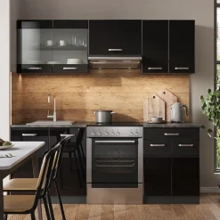 Vicco Küchenzeile "R-Line", Schwarz Hochglanz/Anthrazit, 200 cm ohne Arbeitsplatte