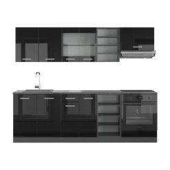 Vicco Küchenzeile "R-Line", Schwarz Hochglanz/Anthrazit, 240 cm ohne Arbeitsplatte