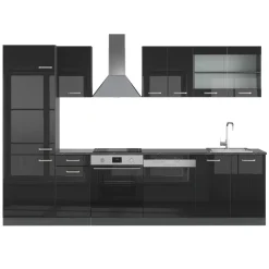 Vicco Küchenzeile "R-Line", Schwarz Hochglanz/Anthrazit, 300 cm ohne Arbeitsplatte