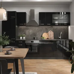 Vicco Küchenzeile "R-Line", Schwarz Hochglanz/Anthrazit, 300 cm ohne Arbeitsplatte