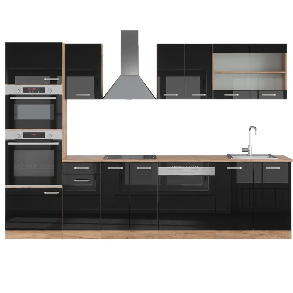 Vicco Küchenzeile "R-Line", Schwarz Hochglanz/Goldkraft Eiche, 300 cm mit Hochschrank, ohne Arbeitsplatte