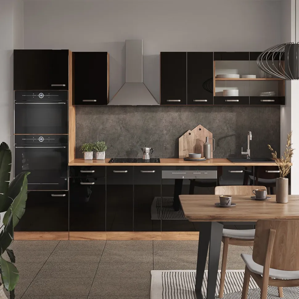 Vicco Küchenzeile "R-Line", Schwarz Hochglanz/Goldkraft Eiche, 300 cm mit Hochschrank, ohne Arbeitsplatte