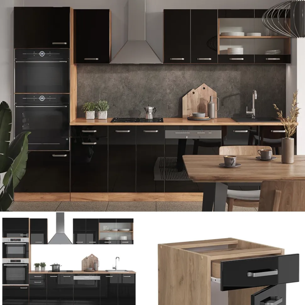Vicco Küchenzeile "R-Line", Schwarz Hochglanz/Goldkraft Eiche, 300 cm mit Hochschrank, ohne Arbeitsplatte