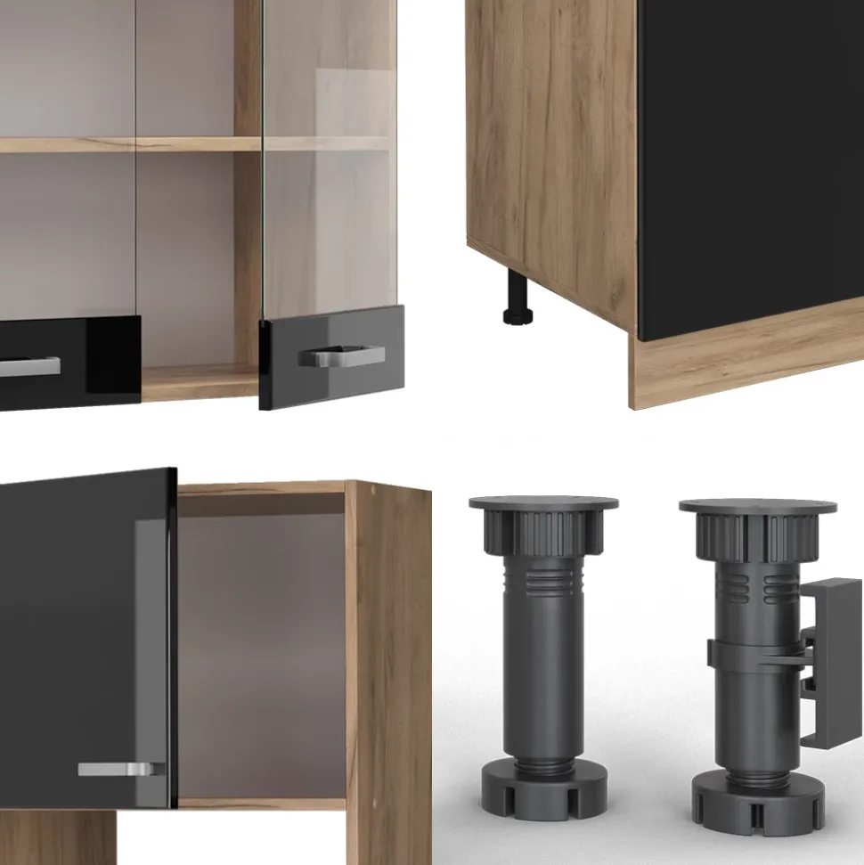 Vicco Küchenzeile "R-Line", Schwarz Hochglanz/Goldkraft Eiche, 300 cm mit Hochschrank, ohne Arbeitsplatte