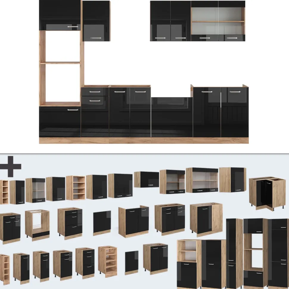 Vicco Küchenzeile "R-Line", Schwarz Hochglanz/Goldkraft Eiche, 300 cm mit Hochschrank, ohne Arbeitsplatte
