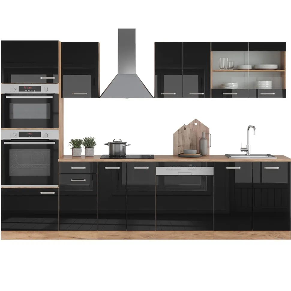 Vicco Küchenzeile "R-Line", Schwarz Hochglanz/Goldkraft Eiche, 300 cm mit Hochschrank, ohne Arbeitsplatte