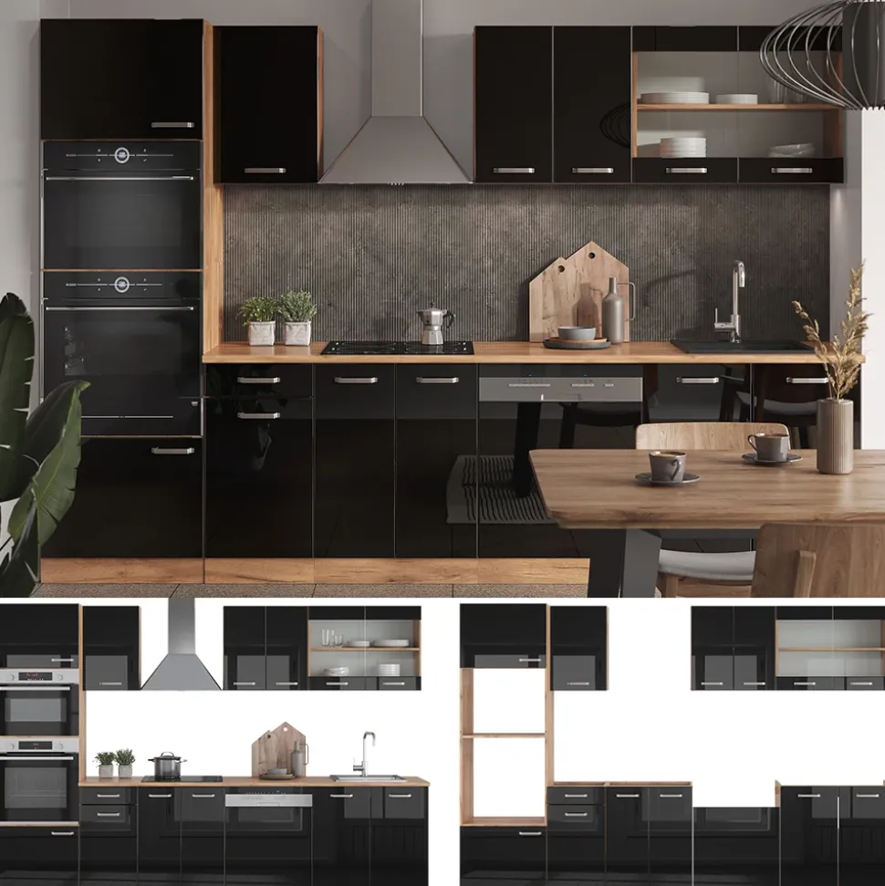 Vicco Küchenzeile "R-Line", Schwarz Hochglanz/Goldkraft Eiche, 300 cm mit Hochschrank, ohne Arbeitsplatte