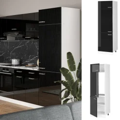 Vicco Kühlumbauschrank R-Line, Hochschrank für die Küche, Schwarz Hochglanz/Weiß, 60 cm