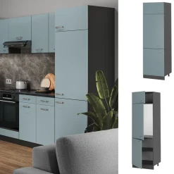 Vicco Kühlumbauschrank R-Line, Hochschrank für die Küche, Blau-Grau/Anthrazit, 60 cm