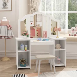 Vicco Kinder-Schminktisch Weiß Estella Mit Spiegel - 105x118x41 cm aus Spanplatte - Der Frisiertisch für Mädchen für Mädchen, Inspirationsecke für Schönheit und Stil