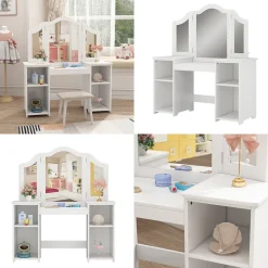 Vicco Kinder-Schminktisch Weiß Estella Mit Spiegel - 105x118x41 cm aus Spanplatte - Der Frisiertisch für Mädchen für Mädchen, Inspirationsecke für Schönheit und Stil