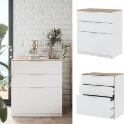 Vicco Kommode Betti, Kommodenschrank, Weiß/Sonoma, 80 x 90 cm mit 3 Schubladen