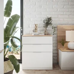 Vicco Kommode Betti, Kommodenschrank, Weiß/Sonoma, 80 x 90 cm mit 3 Schubladen